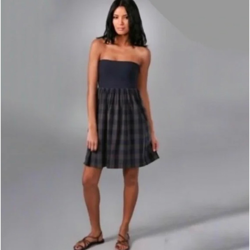 Theory Troise C Sparta Dress Blue Gingham Strapless Bandeau Mini Plaid One-sized